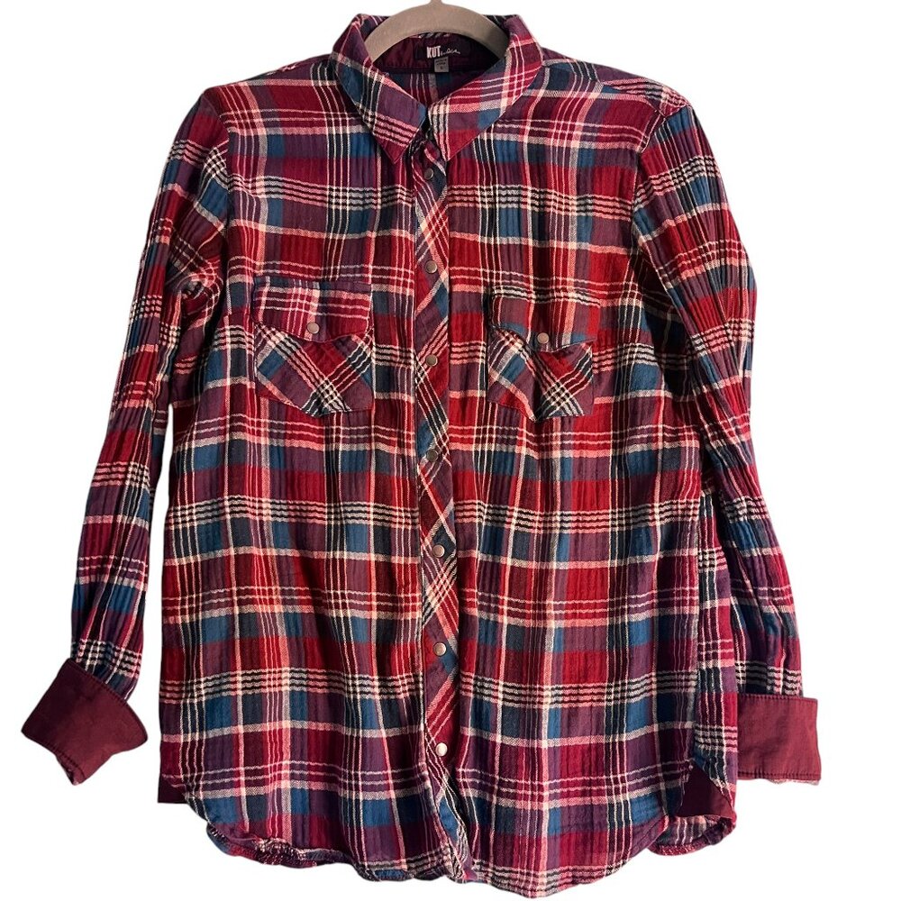 Kut from the Kloth | Women's Dual Pocket Plaid Button-Down Shirt SMALL Snap Up